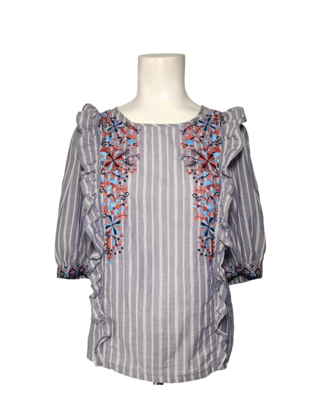 Anthropologie One September Embroidered Ruffle Top S Blue Cotton Floral 3/4 Boho
